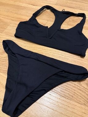 Summerful for Everything But Water Black Ribbed Bikini Set L Racerback V Notch